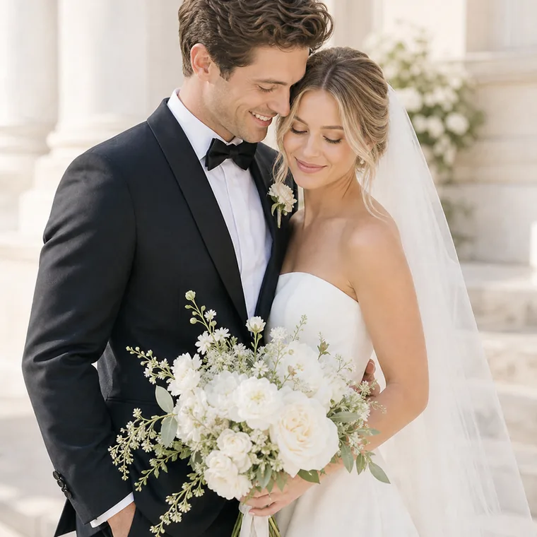 Wedding couple sharing a quiet moment in soft daylight