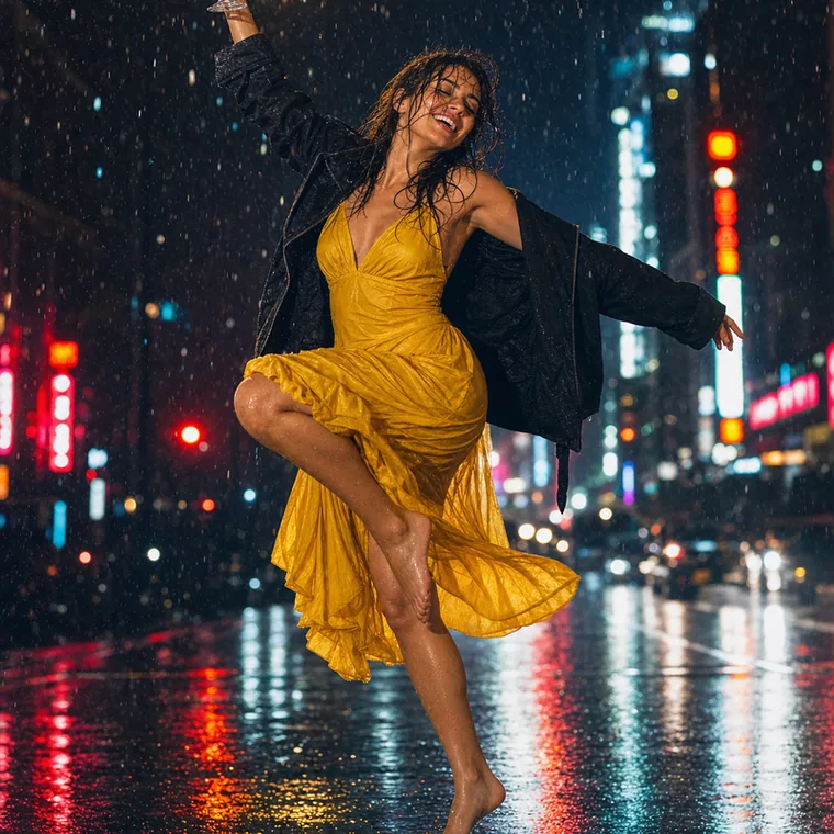 Woman dancing in a yellow dress on a rain-lit street